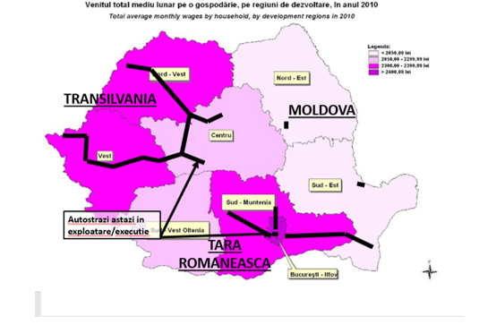 venitul mediu global pe gospodarie versus autostrazi in exploatare executie 2010 |autostrazi Romania| harta